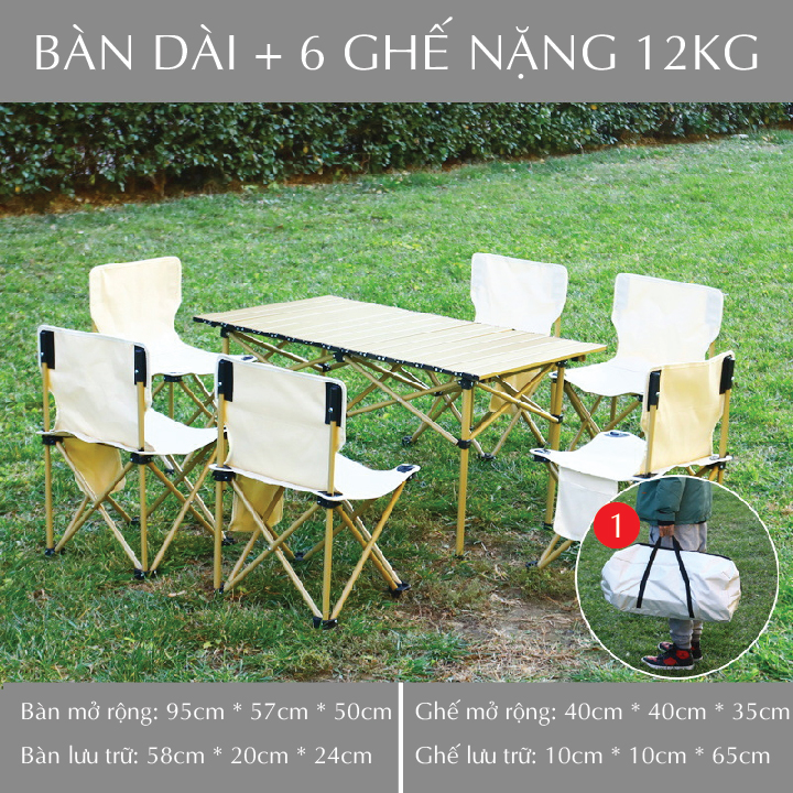 Bộ bàn ghế dã ngoại 6 ghế,cắm trại, du lịch, picnic, bàn xếp, ghế gấp gọn, mặt bàn 95x57cm, ghế xếp 40x40cm,kèm tùi đựng