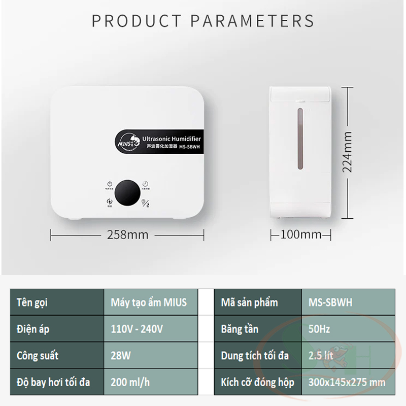 Máy phun tạo ẩm Mius Ultrasonic Humidifier phun sương ẩm siêu âm bể bán cạn tiểu cảnh bò sát hàng nhập khẩu
