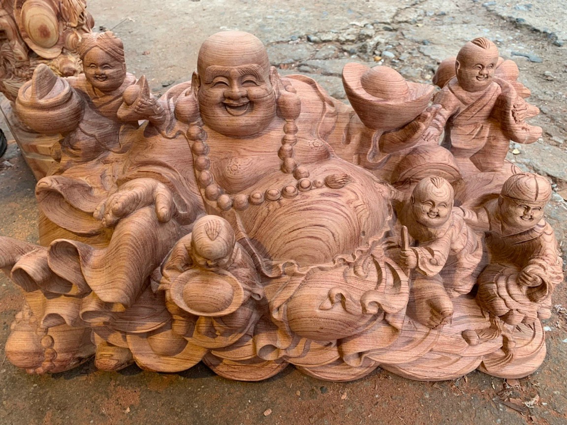 Tượng phật di lặc ngũ phúc bằng gỗ hương đá liền khối kt 60×27×27cm