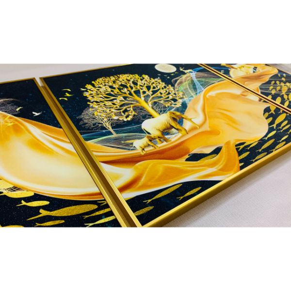 Bộ 3 tranh treo tường ép lụa kim sa tặng khung và đinh 3 chân - tranh treo tường phòng khách - phòng ngủ - khach sạn - nhà hàng