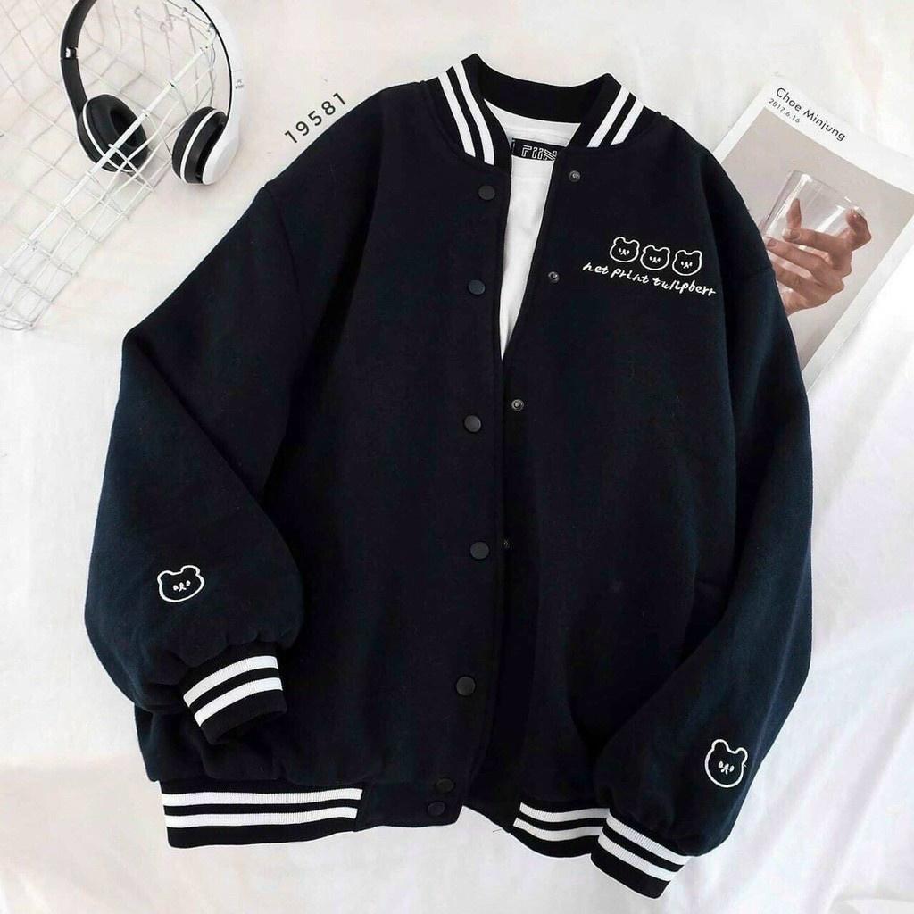 ( VIDEO ) Áo Khoác Cardigan Nỉ Thêu 3 Mặt Con Gấu Siêu Cute - Bomer Jacket Thu Đông - From Rộng Unisex Nam Nữ Couple