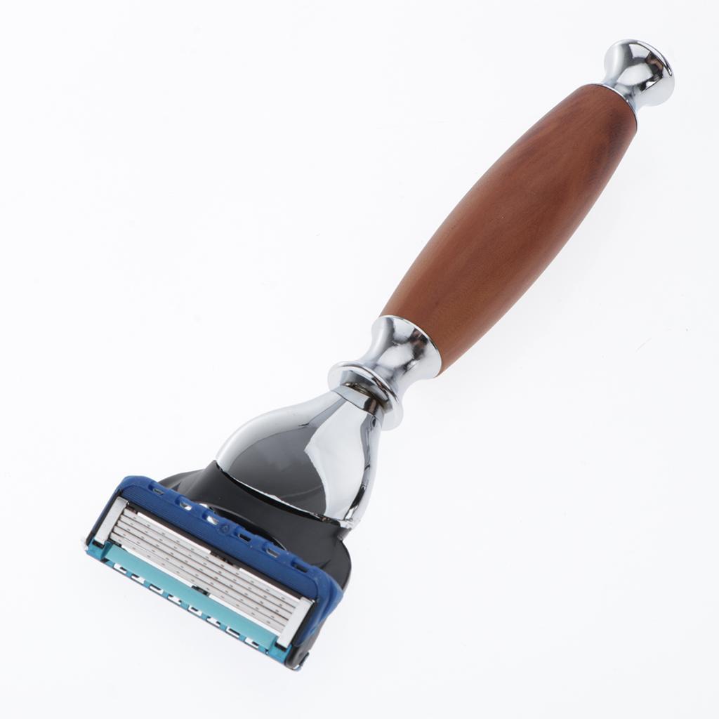 Zinc Alloy + Wood Mens Shaving Kit Gift Set W/5 Layer Blade Razors Brush & Stand Holder