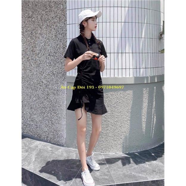 Áo đôi: Váy rút nếp một bên nữ phong cách vs áo polo nam