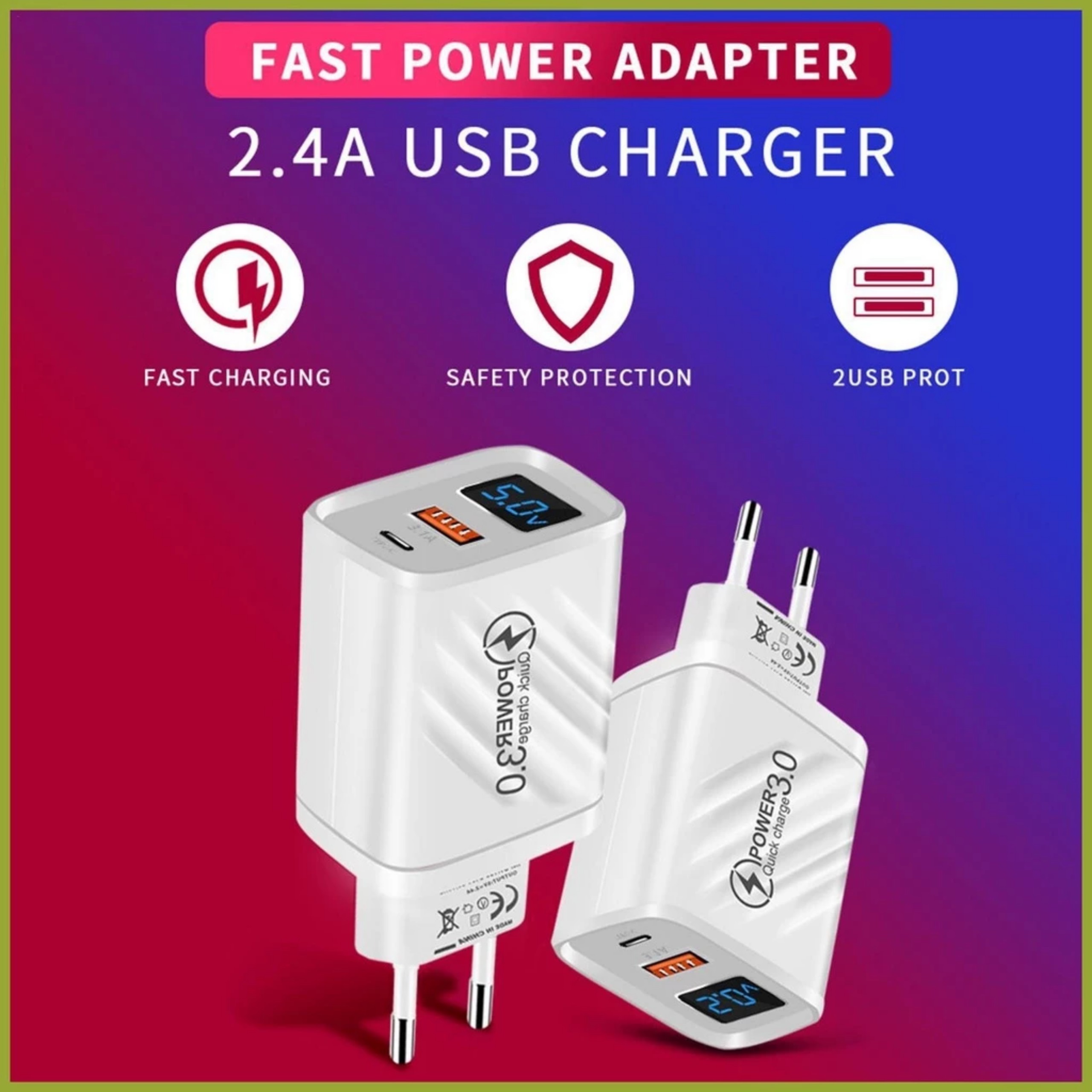 Củ Sạc Nhanh PD20W Cổng USB 5V3.1A có màn hình led hiển thị cho Điện Thoại, Máy Tính Bảng gồm 1 cổng USB và 1 cổng Type-C,  hàng nhập khẩu
