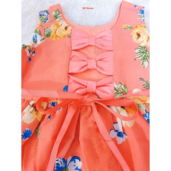 Đầm Váy Bé Gái Size 7-23Kg, 5 Tháng Đến 6 Tuổi Hoa Cam,Kết 3 Nơ, Thiết Kế