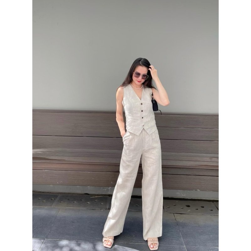 Set gile linen áo thiết kế vạt nhọn và quần dài ống rộng có túi, thời trang công sở thanh lịch, đi làm đi tiệc Bv10
