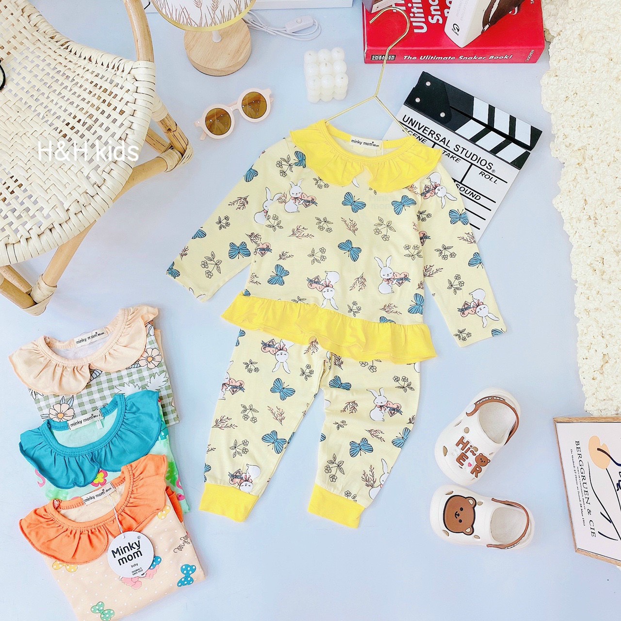 Đồ Bộ Dài Tay Bé Gái Thun Lạnh Minky Cổ Lá Sen Hình Thỏ Hồng Hạc Hoa Cúc