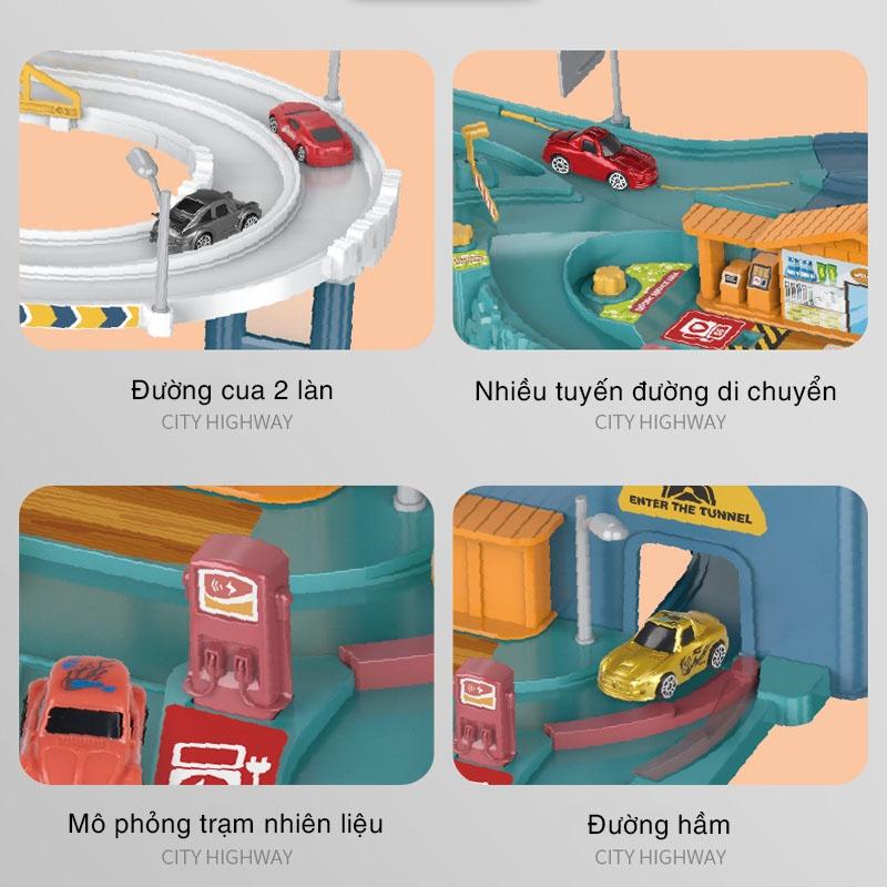 (Tặng kèm pin sạc) Đồ chơi Garage đỗ xe ÔTÔ lắp ráp đường cao tốc thành phố cao cấp có âm thanh và đèn, đồ chơi giáo dục