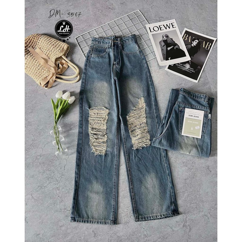 Quần jean nữ ống rộng, quần bò lưng cao màu xanh loang rách tua rua te tua Lê Huy Fashion MS 3567