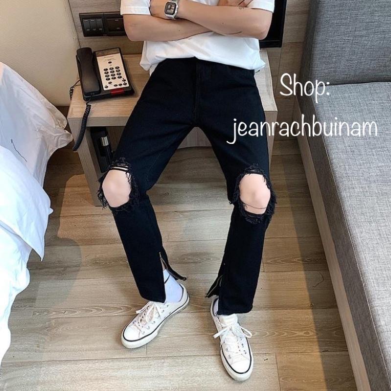 Quần Jean Nam Rách Tròn Đầu Gối Kèm Khóa Zip Cực Chất
