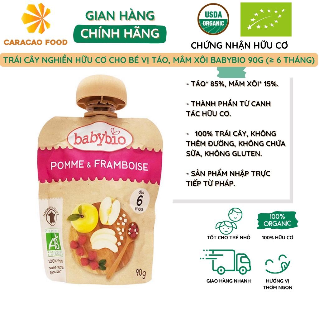 Trái cây nghiền hữu cơ cho bé vị táo, mâm xôi Babybio 90g, Thức ăn dặm cho bé (từ 6 tháng)