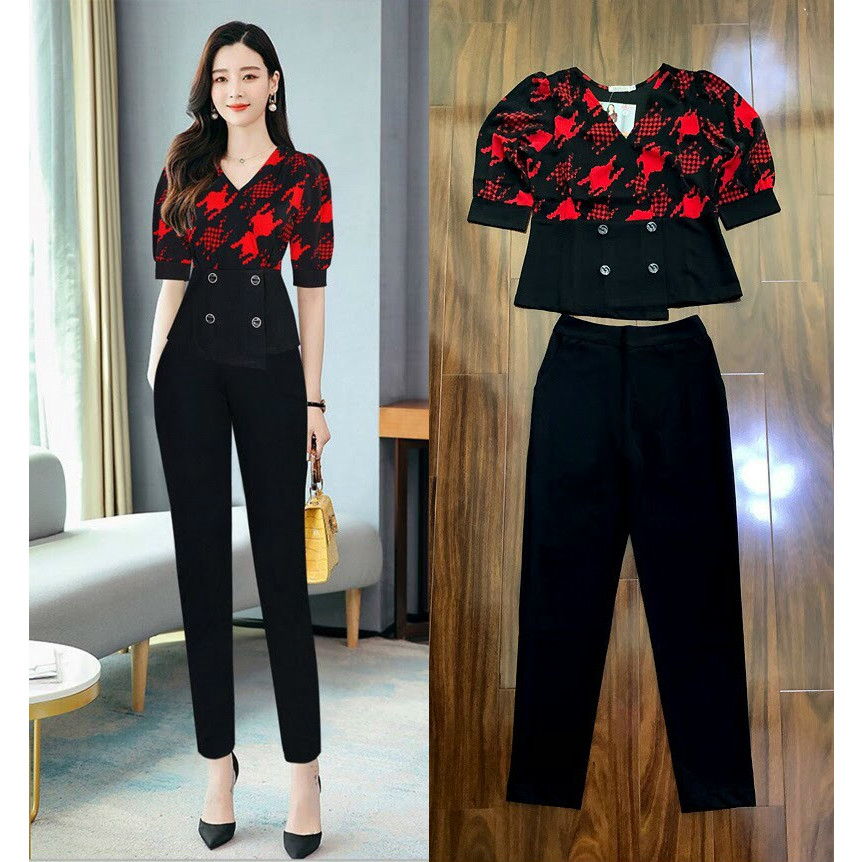 Set nguyên bộ quần dài áo sơ mi họa tiết phối 4 nút xinh xắn