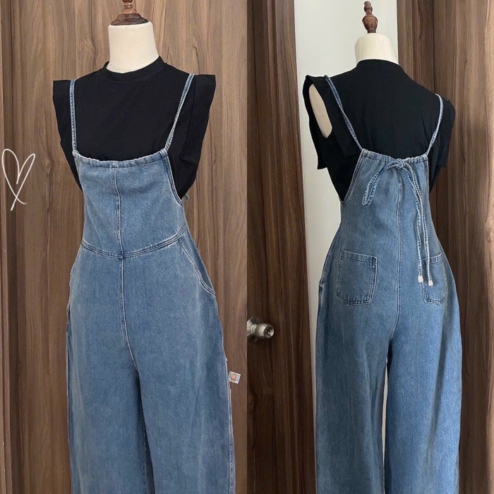 SET JUMPSUIT ĐỒ BAY QUẦN YẾM 2 DÂY DÀI ỐNG RỘNG JEANS LƯNG CAO SUÔNG ĐỨNG + ÁO THUN TRƠN ĐI CHƠI DẠO PHỐ ĐI BIỂN