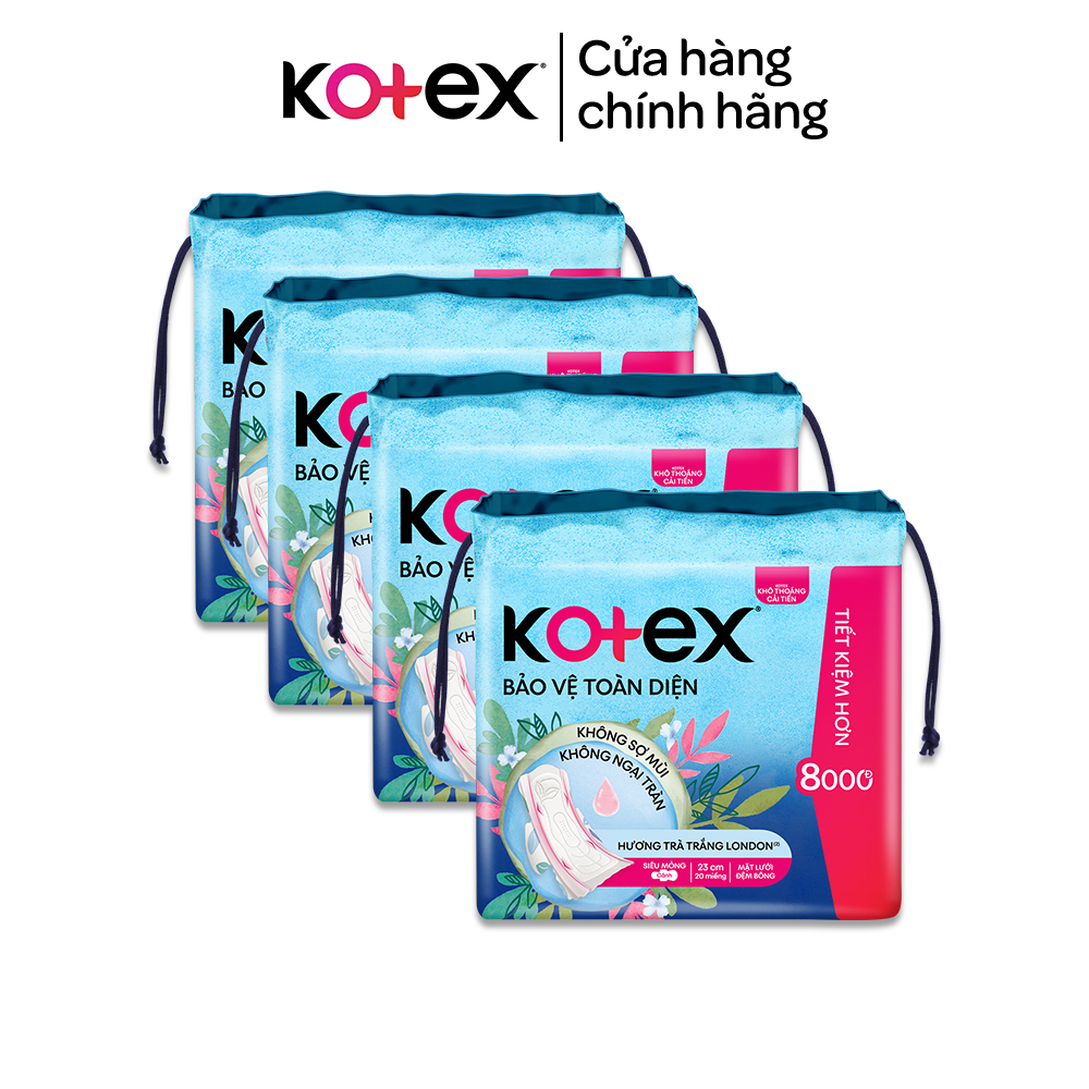 Lốc 4 Gói băng vệ sinh Kotex Bảo Vệ Toàn Diện 23cm Siêu Mỏng Cánh 20 miếng/ gói