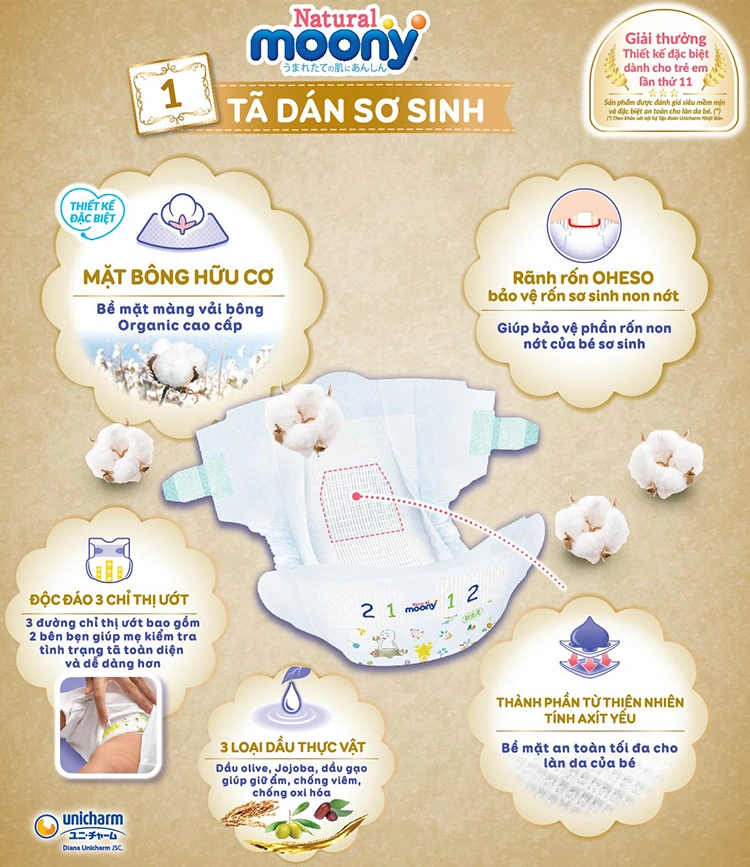 Đặc điểm Bỉm - Tã dán Moony Natural size L 38 miếng (Cho bé 9 - 14kg)