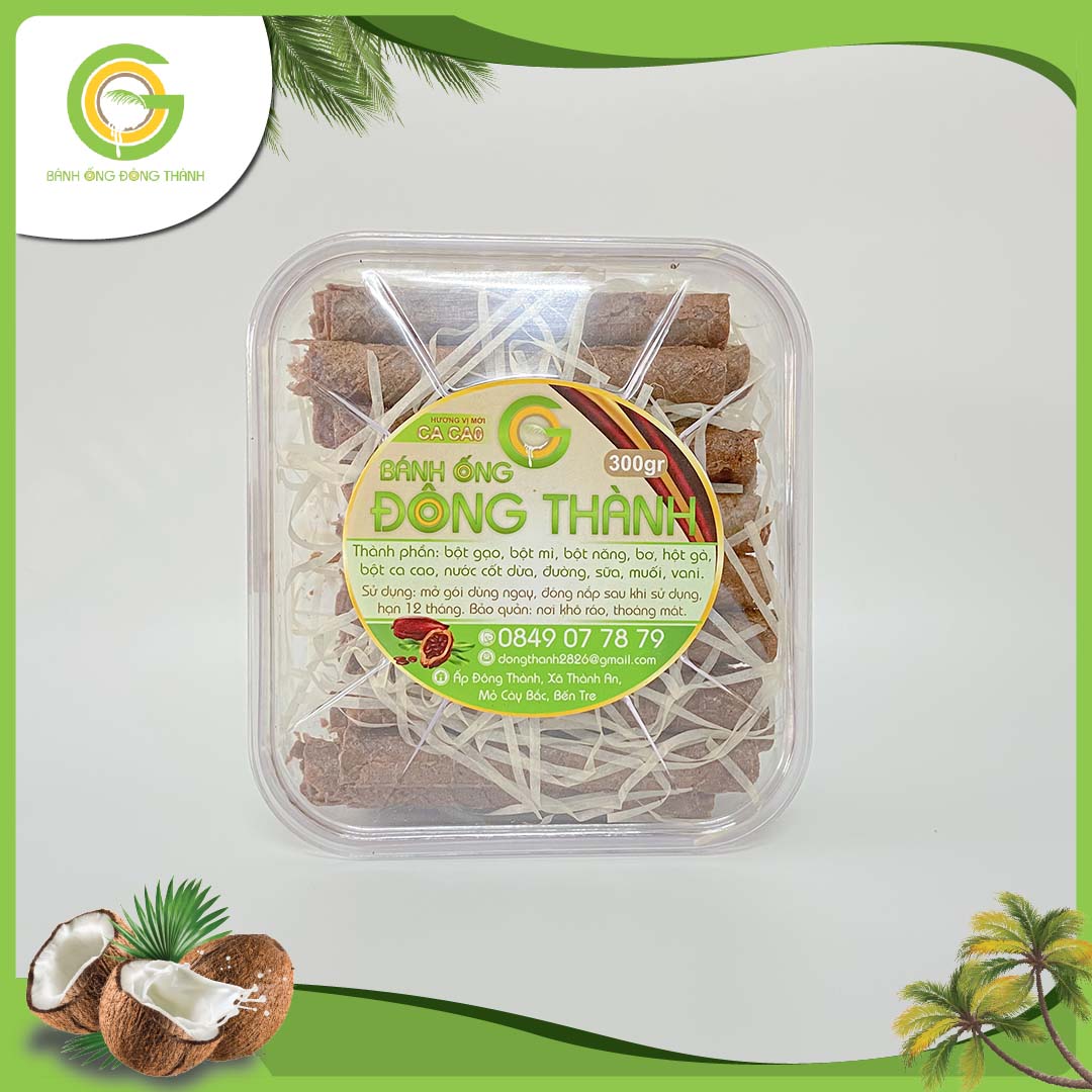 Bánh ống ca cao Đông Thành thơm ngon - Bánh ống xứ dừa dạng hộp vuông - Đặc sản Bến Tre hộp bánh ống dừa