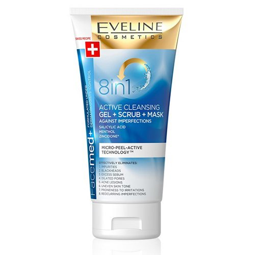 Gel rửa mặt Eveline facemed+ 8in1 active cleansing giảm thiểu da chết và tạo mặt nạ ( Tuýp 150ml)