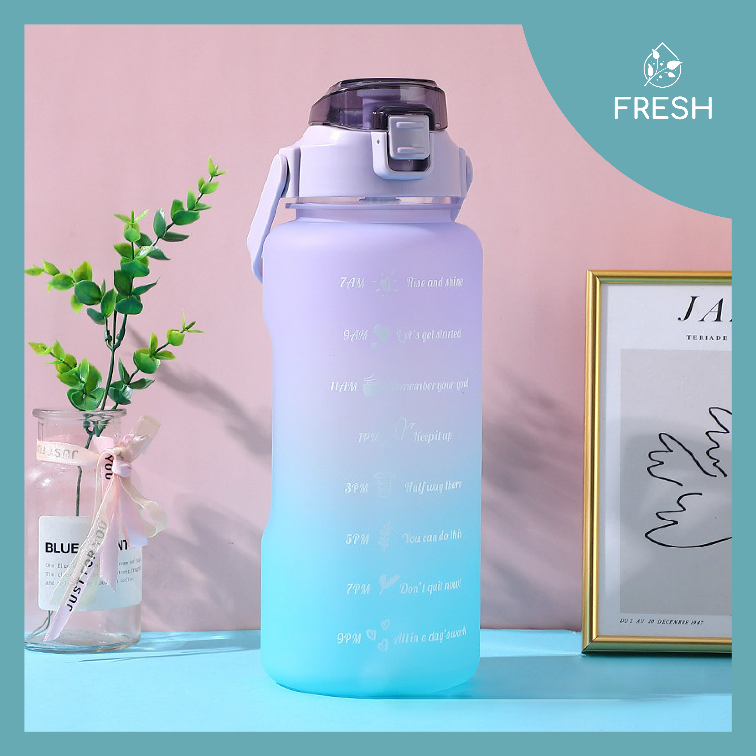 Bình Nước 2 Lít Chia Vạch Nhắc Nhở Giờ Uống Nước Mỗi Ngày TẶNG Kèm Sticker - FRESH
