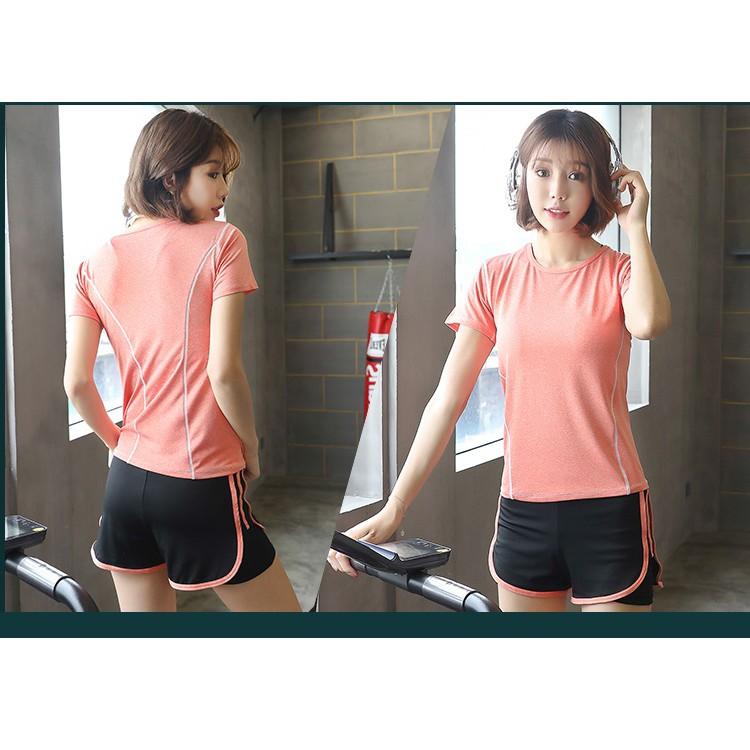 Set bộ đồ tập gym, yoga, aerobic nữ Linda018 áo thun quần đùi 2 lớp