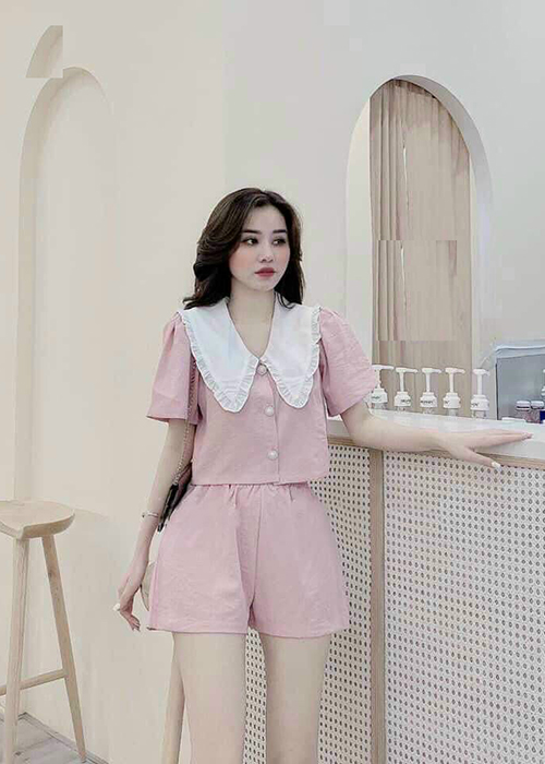 Set Đồ Bộ Áo Cổ Phối Bèo Kèm Quần Lưng Thun Thời Trang