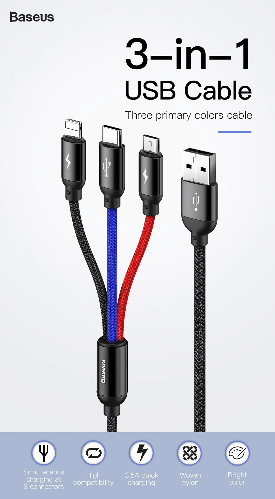 Cáp sạc và truyền dữ liệu tốc độ cao Baseus Three Primary Colors tích hợp 3 đầu kết nối Type C, Android và Lightning ( USB Type A to USB Type C/ Micro USB/ Lightning Fast Charging Cable) - Hàng Chính Hãng