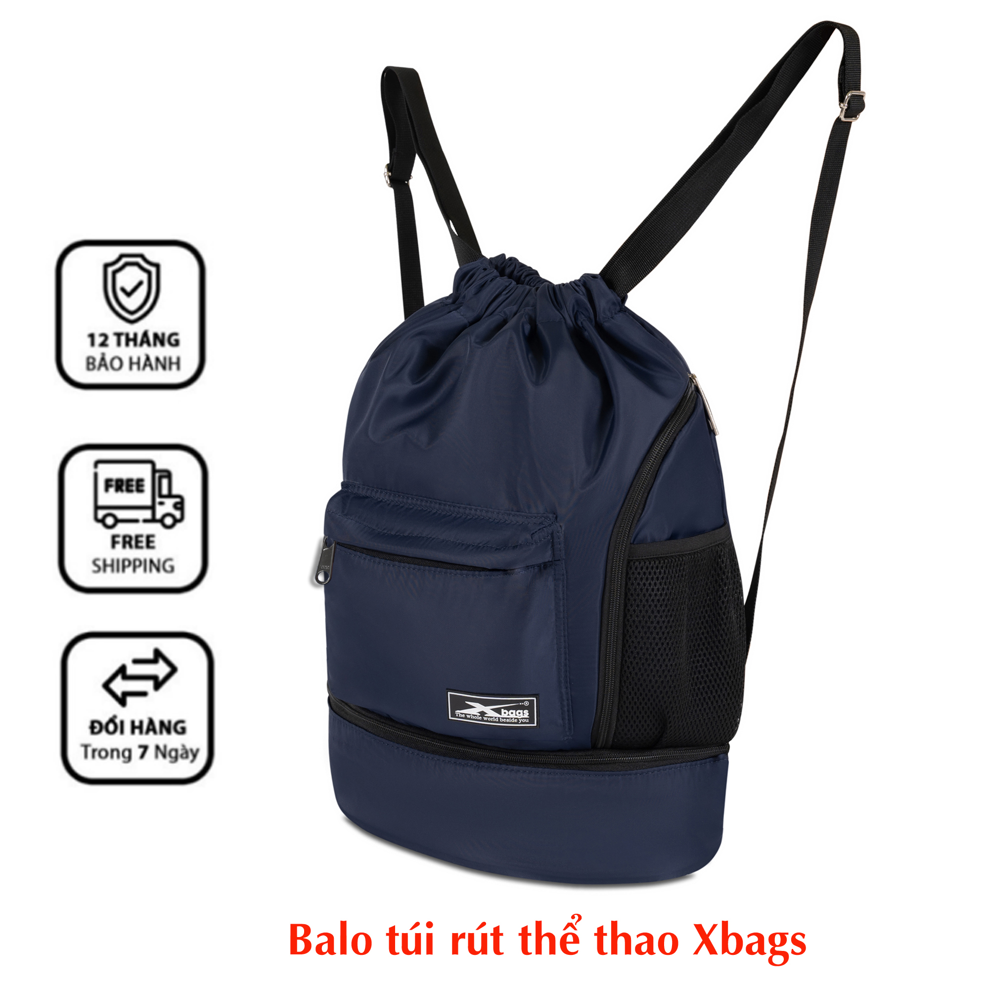 Balo dây rút thể thao xanh đen Xbags Wisdom Xb 6005, Chất liệu chống thấm nước hiệu quả, Chống tia UV