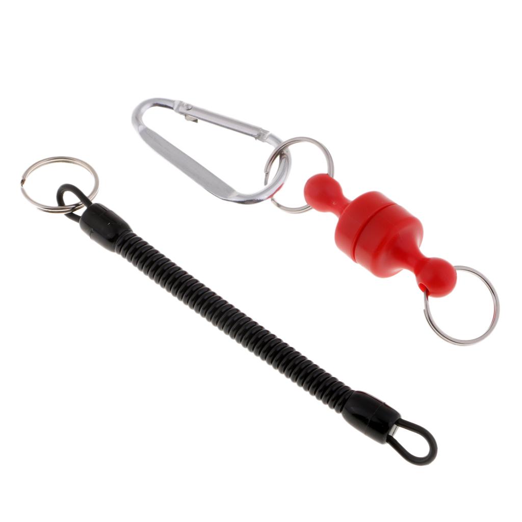Steel Wire Fishing Coiled Lanyard w/ Magnetic Net Release & Buckle Black