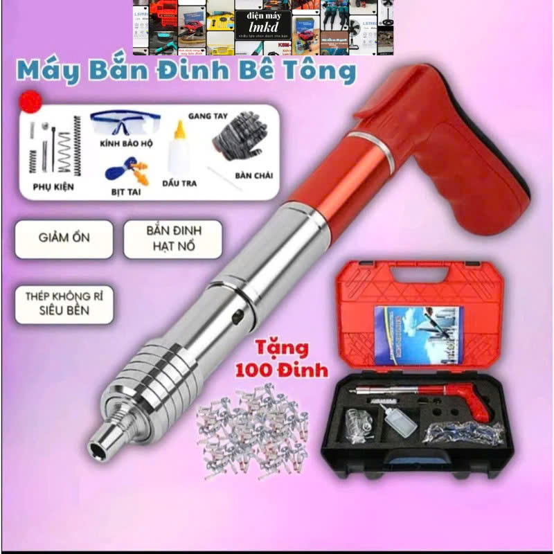 Máy Bắn Đinh Hạt Nổ Xuyên Bê Tông – Tặng 100 Đinh &amp; Hộp Phụ Kiện, Vỏ Thép Trắng Siêu Bền