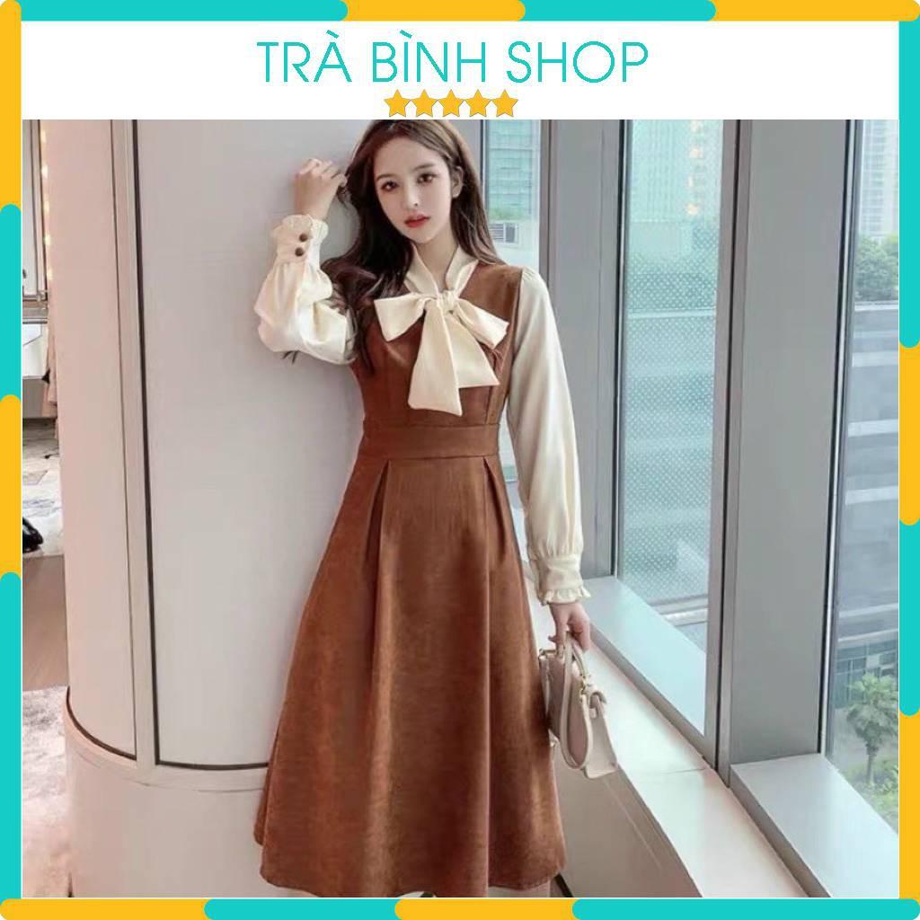 Váy dáng xòe chất umi Đầm dáng dài phối nơ cổ tay dài hàng thiết kế VNXK