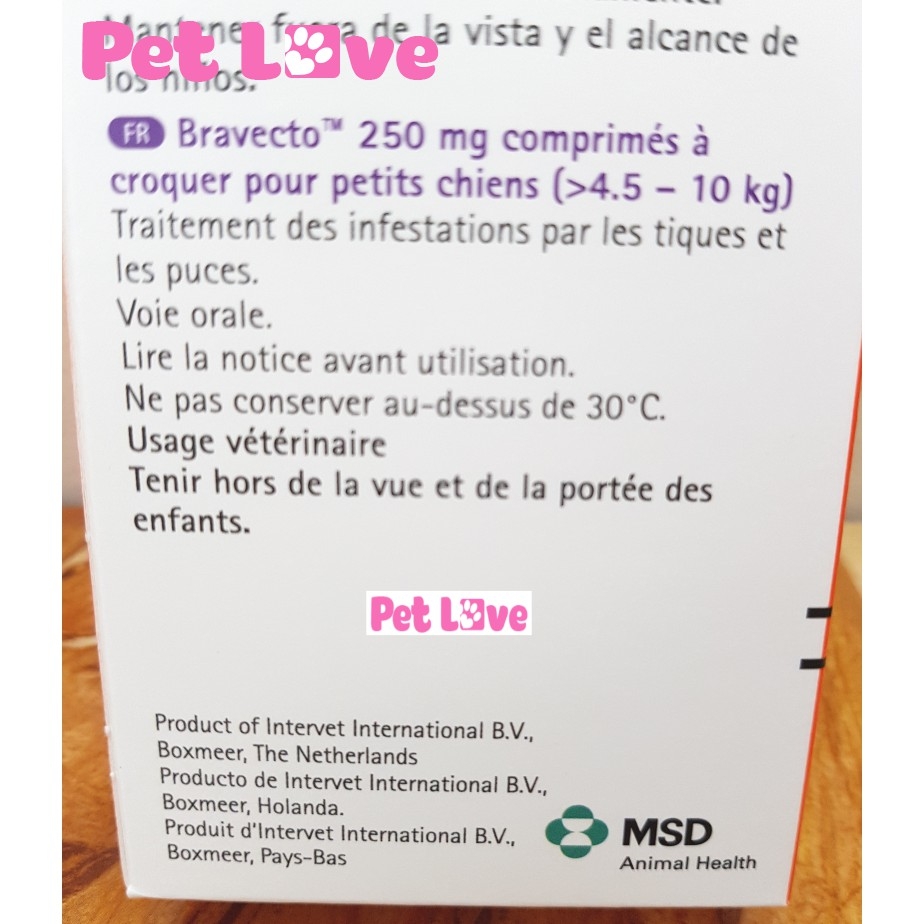 Thuốc Hỗ Trợ Điều Trị Rận Tai Ve Ghẻ Bọ Chét Chấy Chó MSD Bravecto410 (4 - 10 kg)