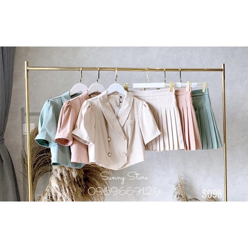Set kẻ caro áo cổ vest + chân váy chữ A - Hàng thiết kế