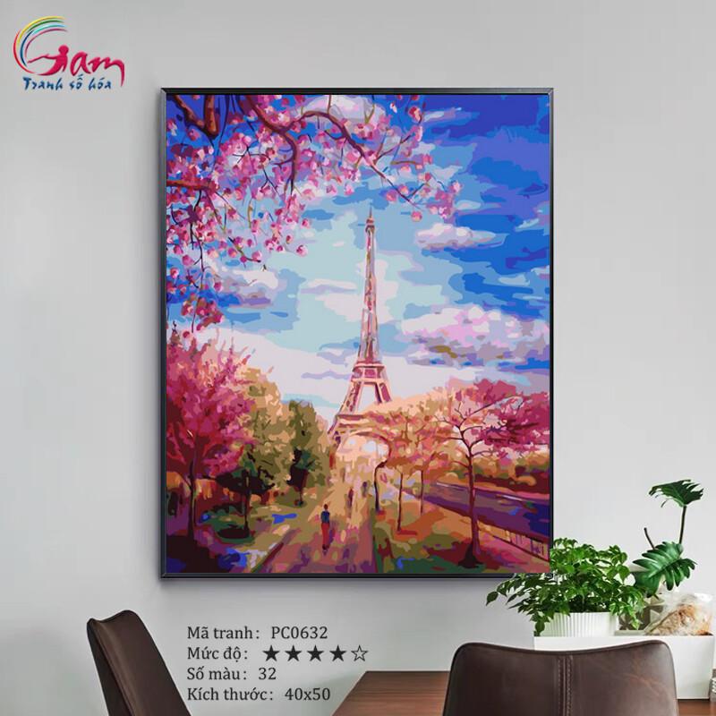 Mua Tranh tự tô màu sơn dầu số hóa phong cảnh - Mã PC0632 Paris mùa xuân Tháp  Eiffel nước Pháp tại tranhsohoagam
