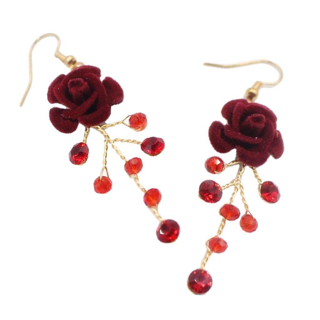 Bridal Red Crystal Drop Earrings Wedding Party Bridal Velvet Rose Earrings