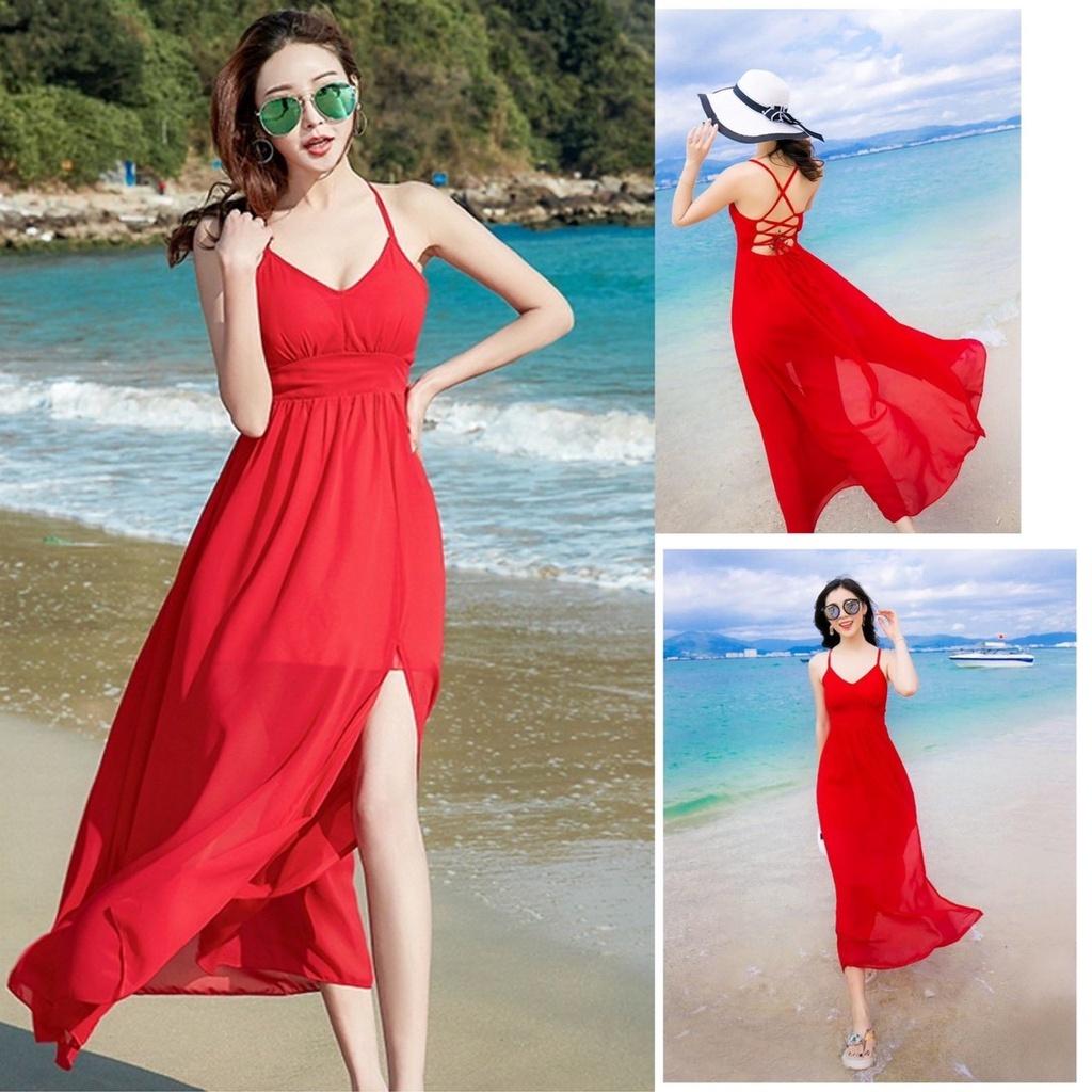 Đầm maxi dự tiệc hoặc đi biển cao cấp đan dây lưng phù hợp phong cách mùa hè có 3 màu như hình (trắng,đỏ,đen)