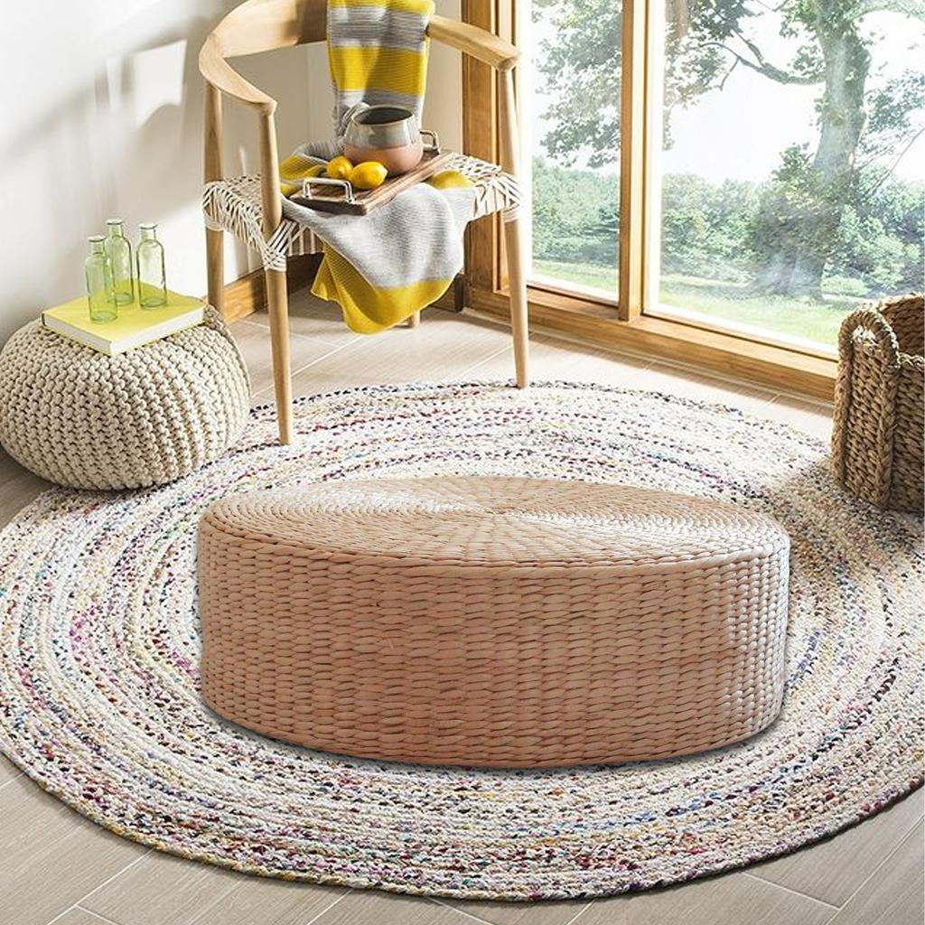 2x Natural Woven Straw Cushion Cattail Pillow Floor Mat Round Braided Flat Pad Handmade Straw Woven Yoga Mat Flat Seat Cushion 40cm Dia
