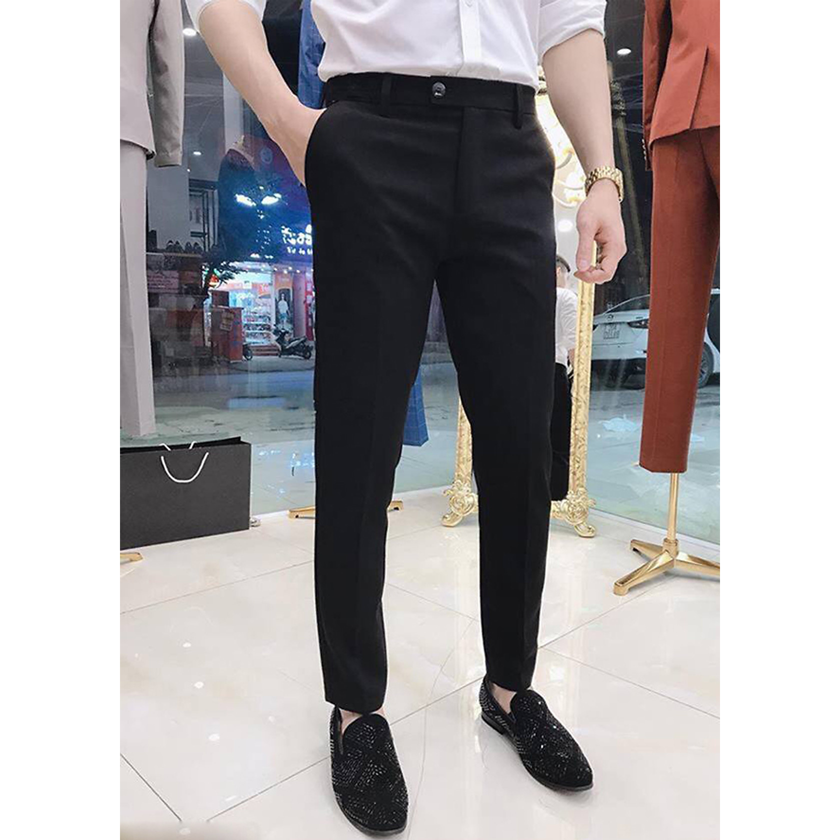 Quần tây nam đẹp phong cách trẻ trung dáng ôm body vải chống nhăn, không bai xù.Quần Âu Nam Dáng Ôm Hàn Quốc - Đen Trơn - 31