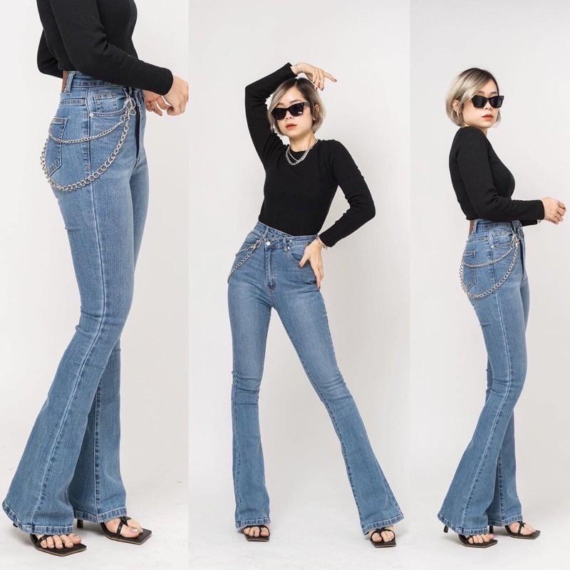 Quần jeans loe khuy lệch cài chéo