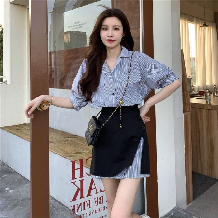 SET VÁY SƠ MI KẺ + CHÂN VÁY ULZZANG - KÈM ẢNH THẬT CUỐI