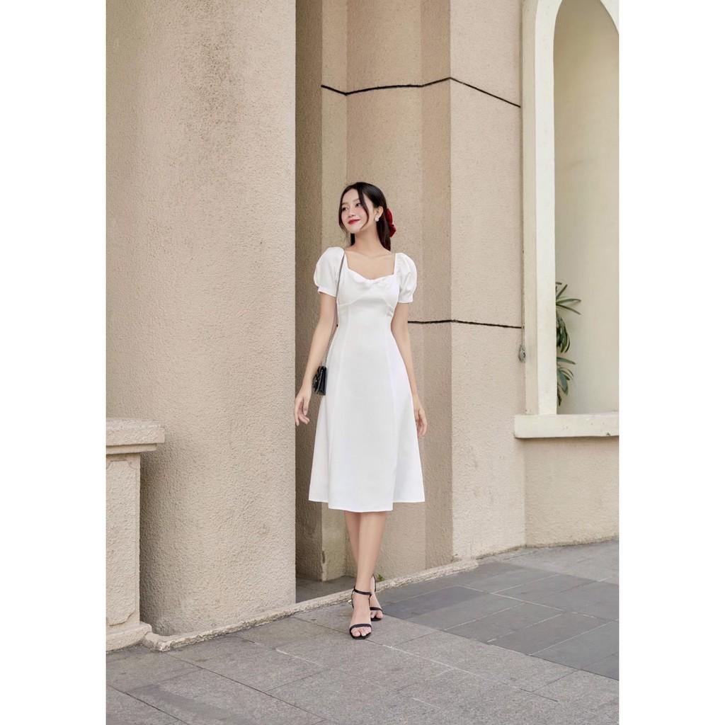 ĐẦM DỰ TIỆC TRẮNG ĐEN CÚP NGỰC TAY NGẮN DÁNG MAXI DÀI CỔ VUÔNG-hình thật shop chụp