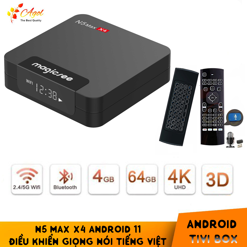 Android tivi box magicsee n5 max x4 Rom 64G Ram 4G  điều khiển giọng nói tiếng Việt kiêm bàn phím chuột bay có đèn nền wifi 2 băng tần bluetooth S905X4 cài sẵn phim, truyền hình cáp miễn phí vĩnh viễn - Hàng nhập khẩu