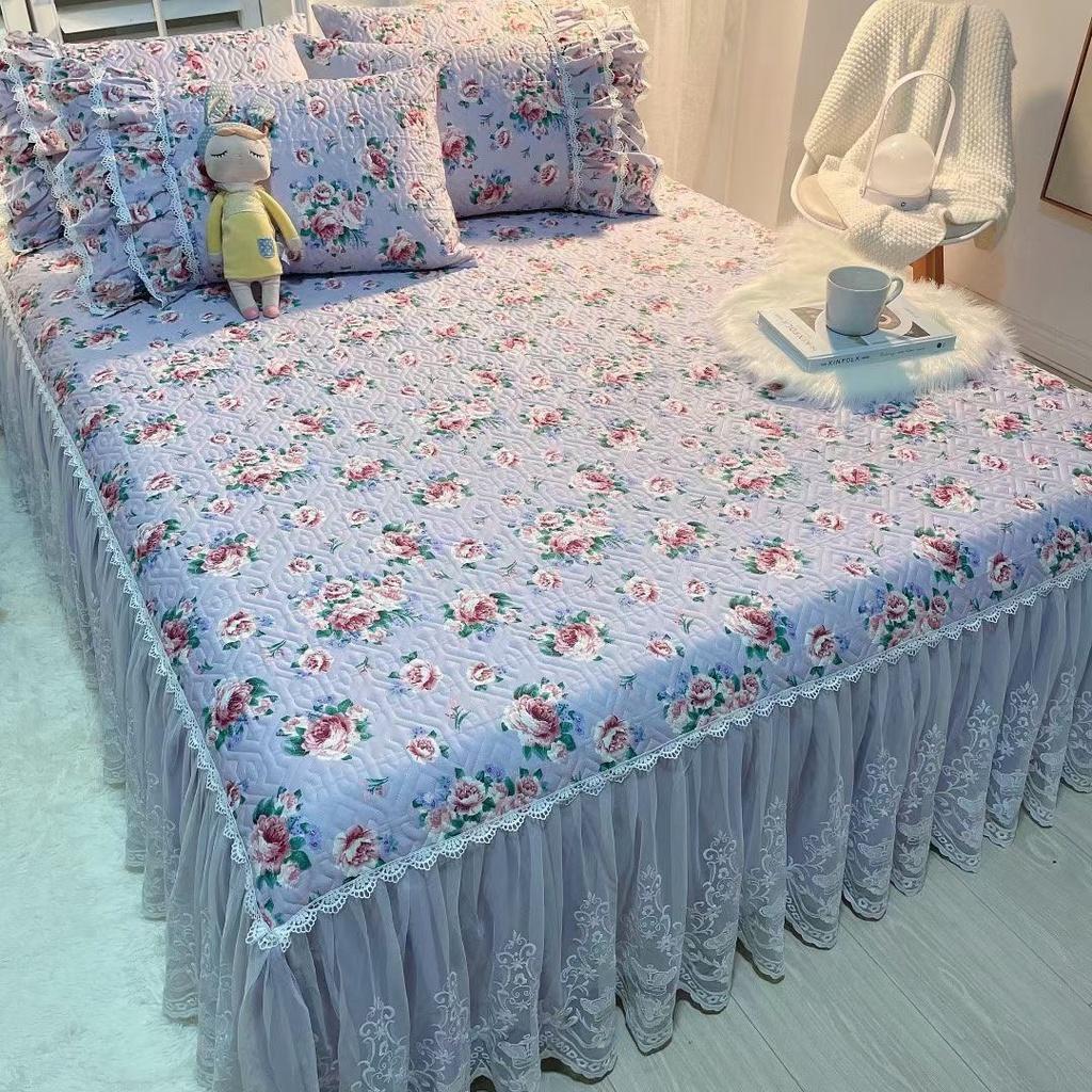 Bộ Ga Gối Phủ Cotton Trần Bông 3 Lớp - Ga Phủ Viền Bèo Đính Ren Công Chúa Hàng Nhập Khẩu