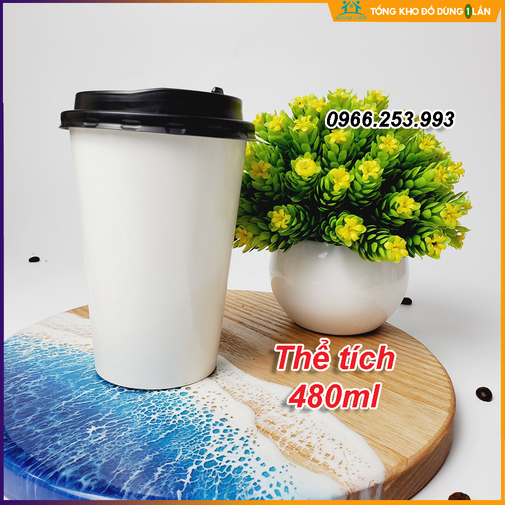 50 cốc giấy CÓ NẮP 480ml - 16OZ