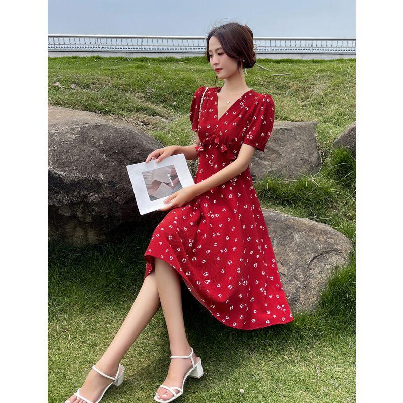 TOBE1SHOP Váy chiffon hoa nhỏ cho phụ nữ 2023 mùa hè Pháp màu đỏ khí chất cao eo mỏng váy