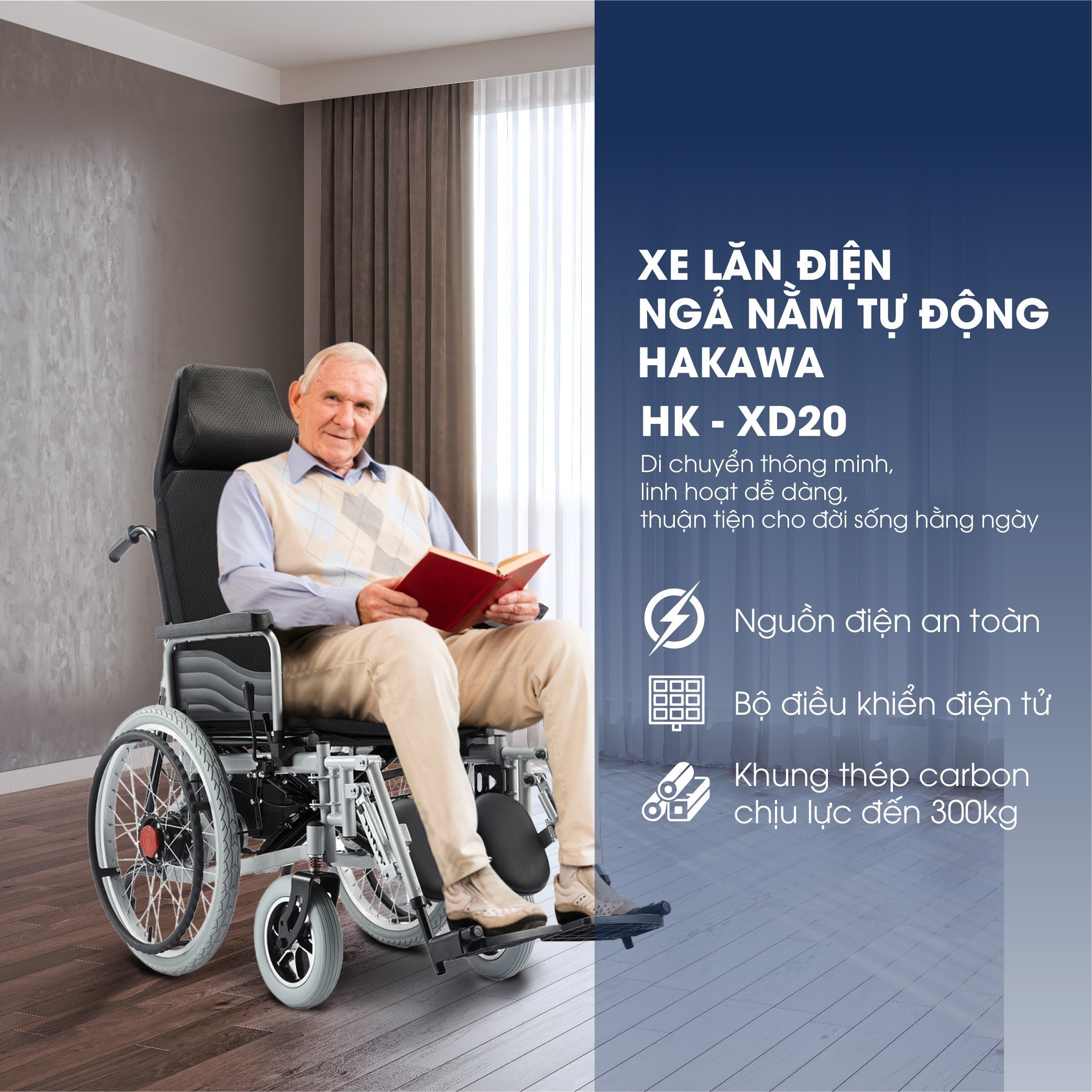 Xe lăn điện ngả nằm tự động HAKAWA HK-XD20 - Ngã nằm thành giường tự động - Bảo hành chính hãng 12 tháng - Hàng nhập khẩu