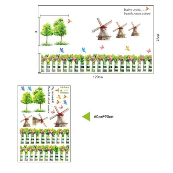 Decal trang trí tường cối xay gió và cây xanh