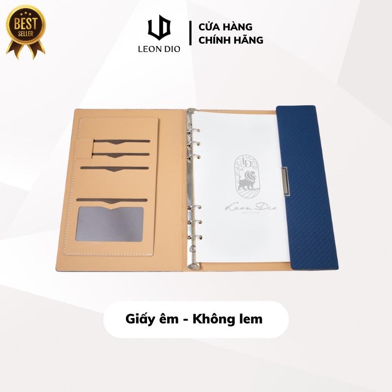 Sổ Còng Bìa Da Trơn A5 Leon Dio| Màu Xanh Dương/Đen, Chất Da PU Phủ Nhung Cao Cấp, Giấy Kẻ Ngang, Thiết Kế 6 Lỗ Còng