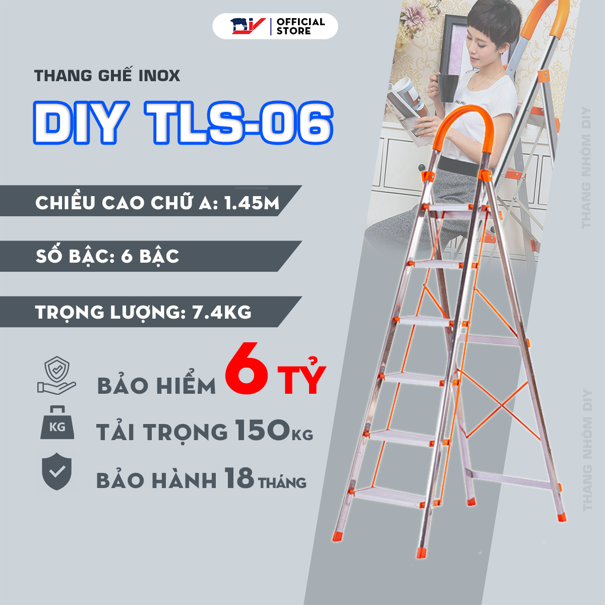 Thang ghế inox 6 bậc DIY TLS-06 tải trọng 150kg