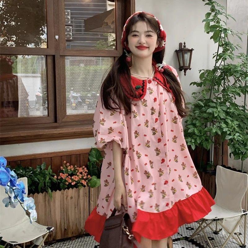 CHENGRUI Phim hoạt hình gấu con in anh đào va chạm màu nối mùa hè phiên bản Hàn Quốc lỏng lẻo giảm tuổi búp bê ngắn tay áo đầm cho phụ nữ