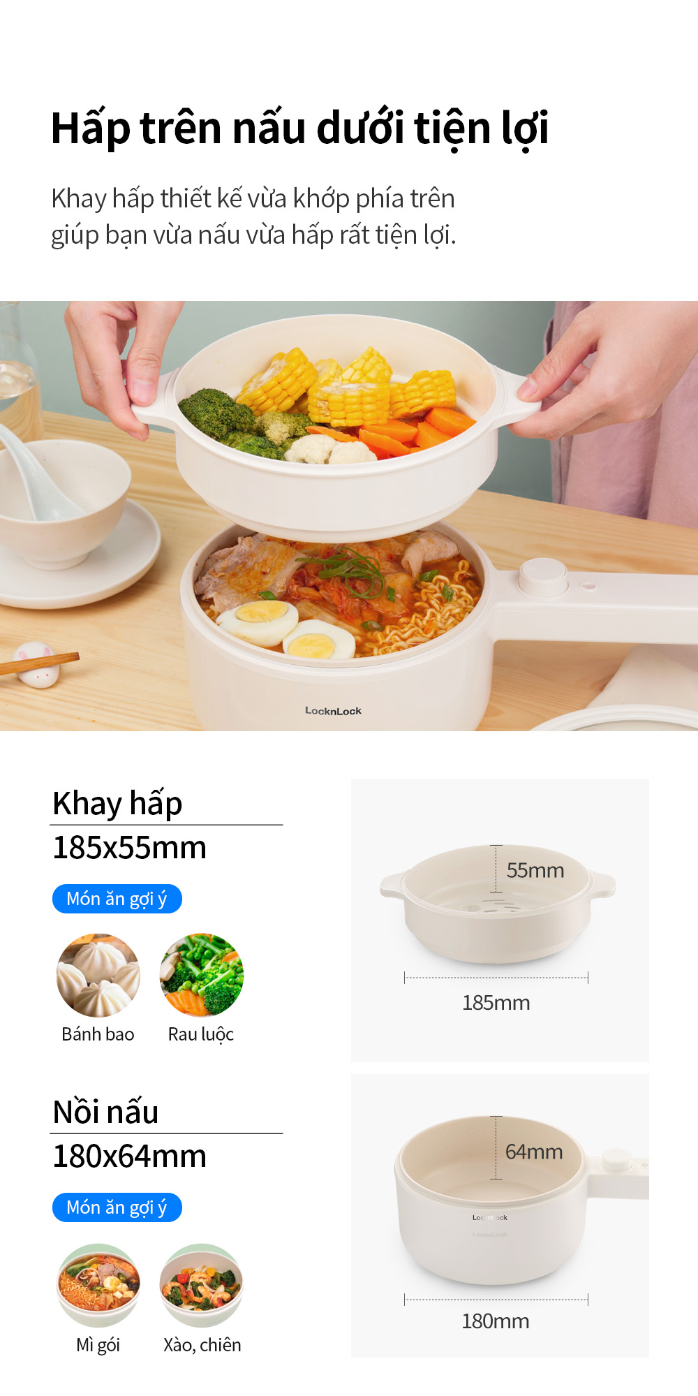 Nồi điện đa năng Locknlock Electric multi pot EJP436IVY 220V, 50Hz, 600W, 1.5L- Màu ngà - Hàng chính hãng