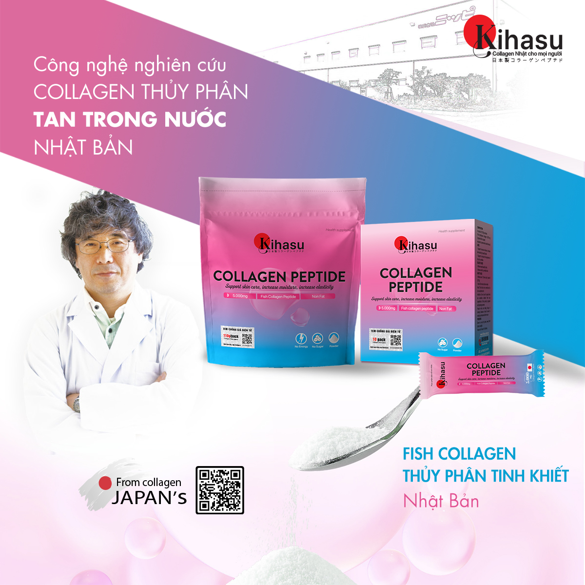 Bột collagen peptide KIHASU: Collagen bột cao cấp nippi Japan da trẻ đẹp hơn